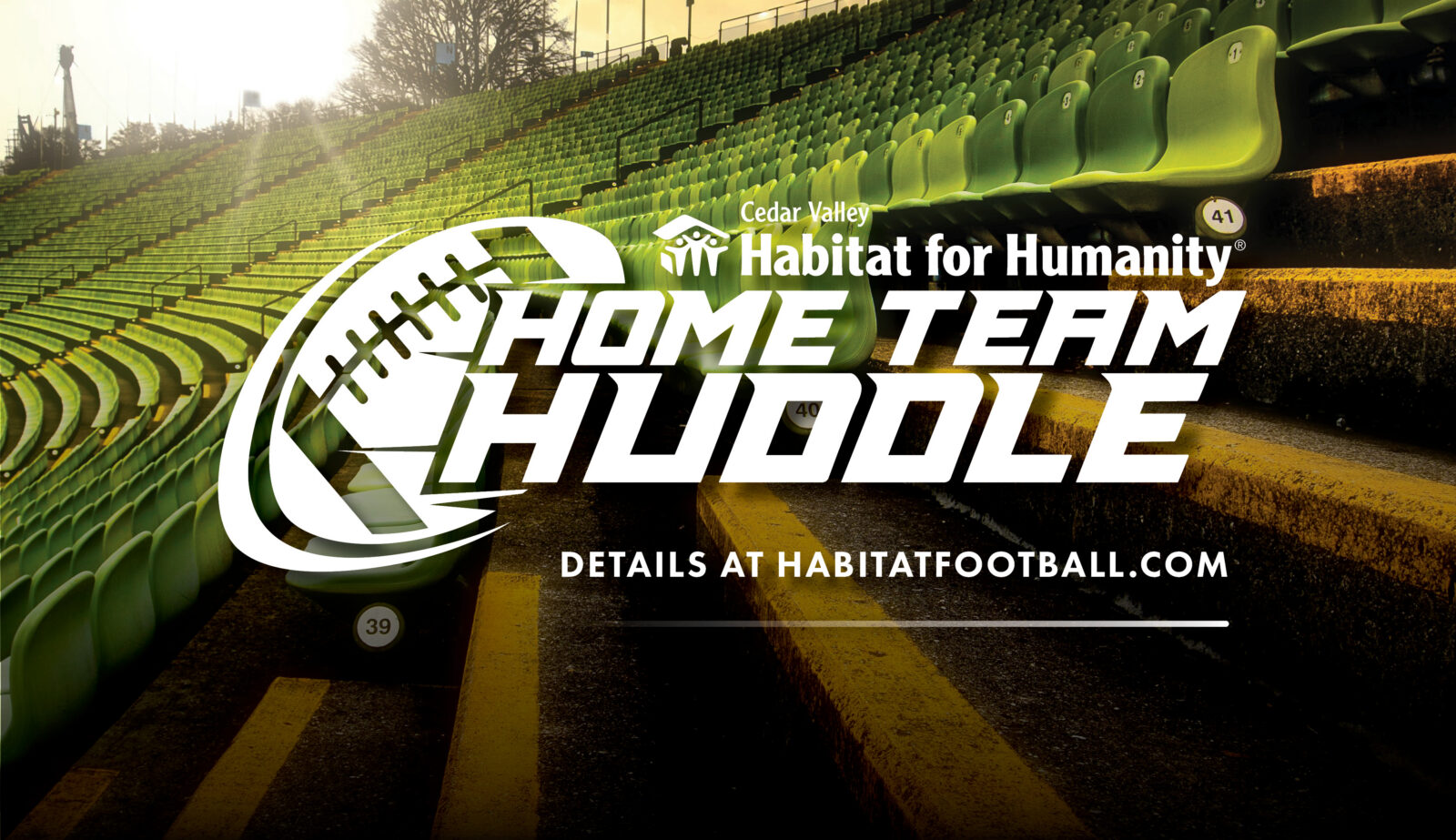 Cedar Valley Habitat for Humanity Home Team Huddle event banner at a football stadium