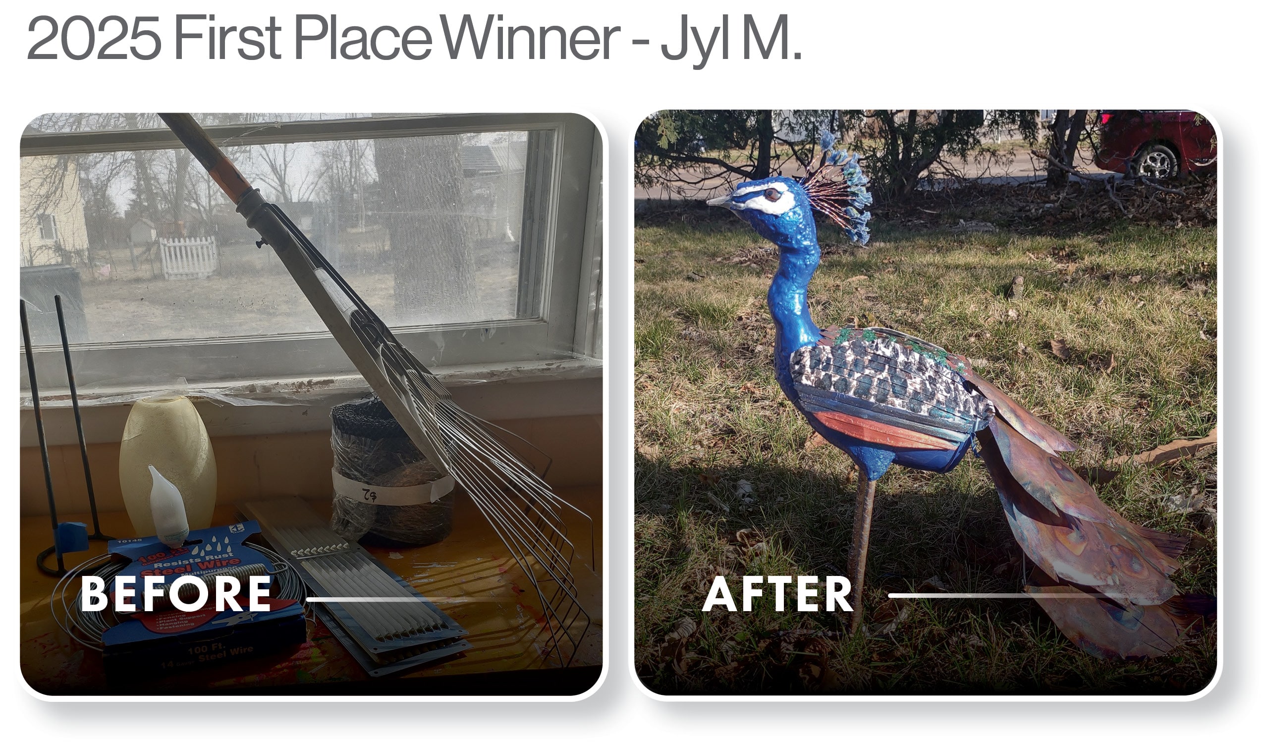2025 first-place Upcycle Challenge winner's peacock sculpture made from recycled materials