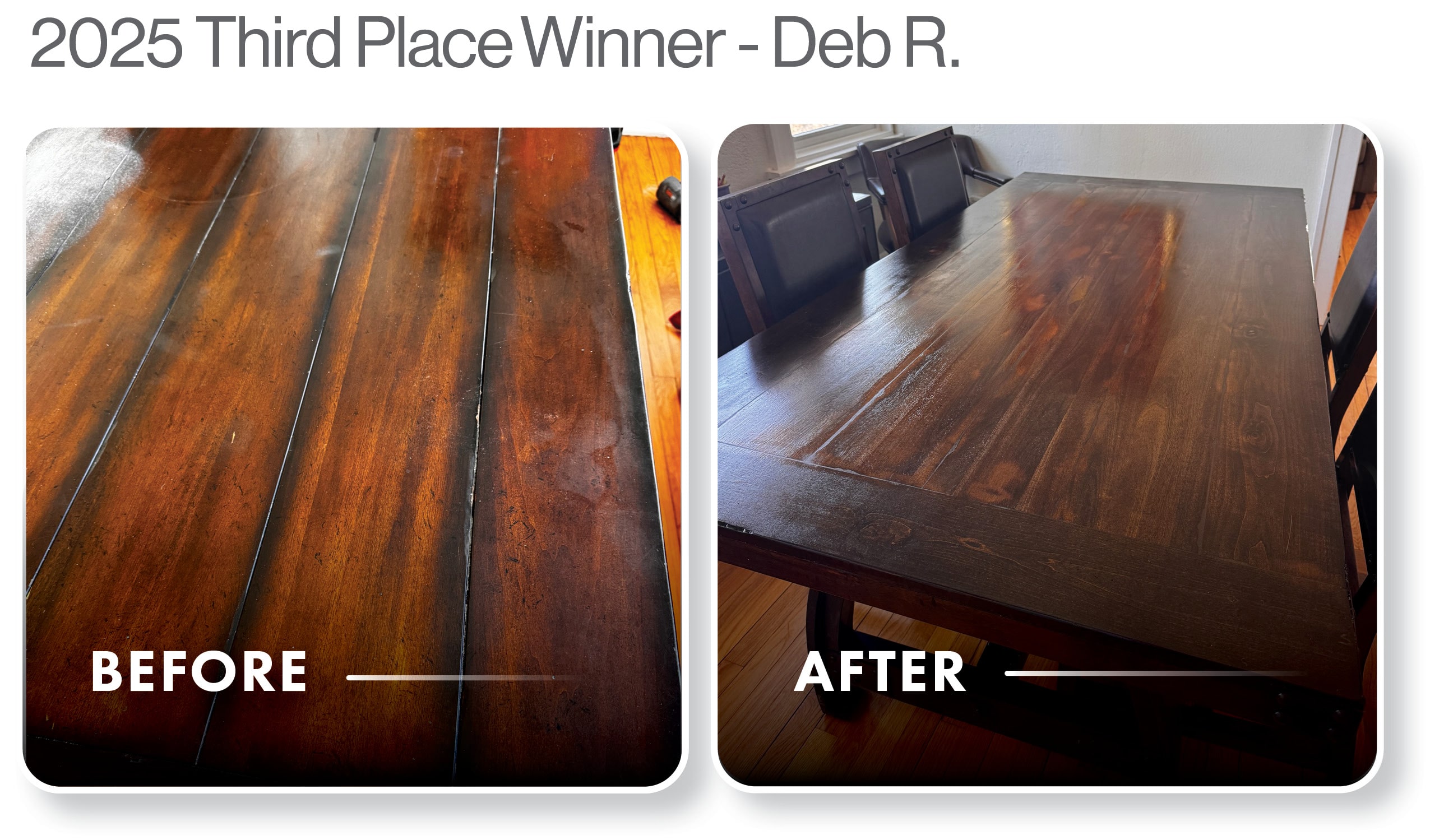Before and after photos of a refinished wooden dining table